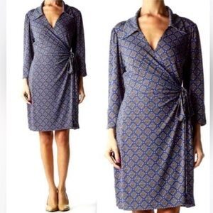NEW - LAUNDRY BY SHELLI SEGAL Blue, Tan & White Wrap Dress w/ Collar Size Medium